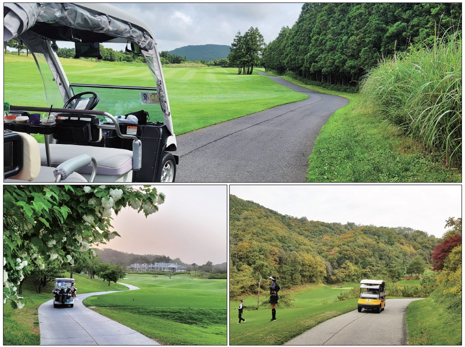 골프장 카트 경로를 따라 이동하는 자율주행 모노레일 카트 